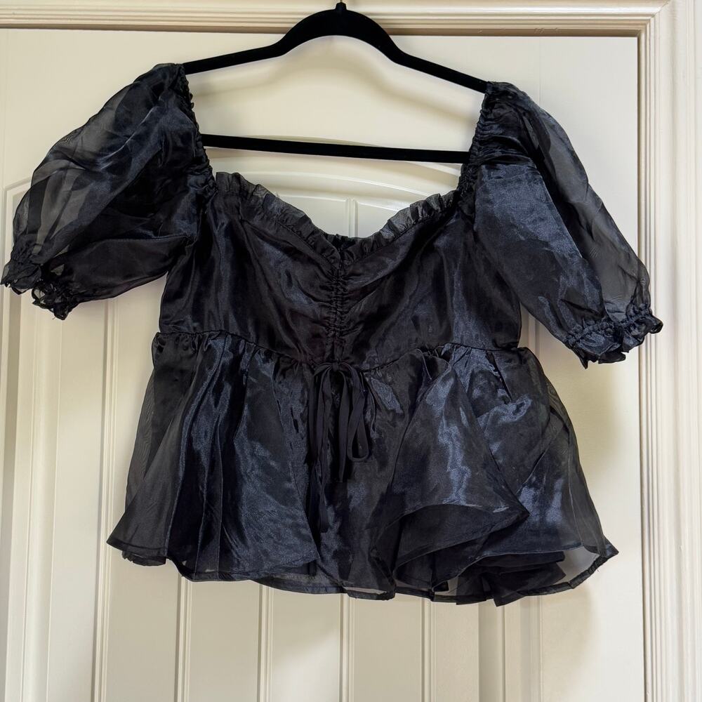 Mable Organza Black Off Shoulder Mesh Puff Sleeves Lined Witchy Goth Halloween M
